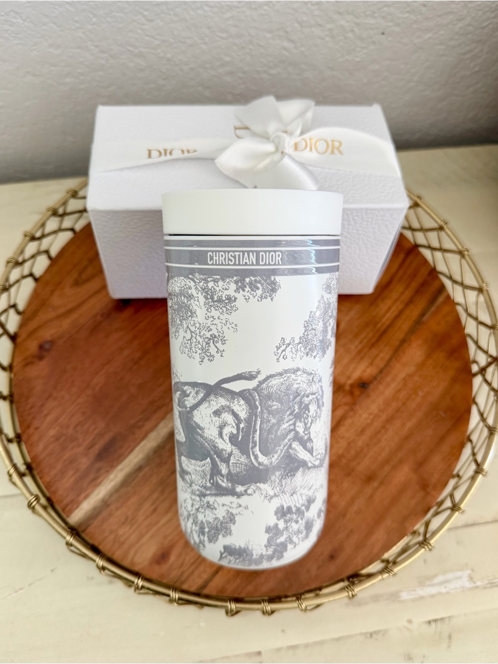 Dior White and Gray Elephant Toile Travel Tumbler